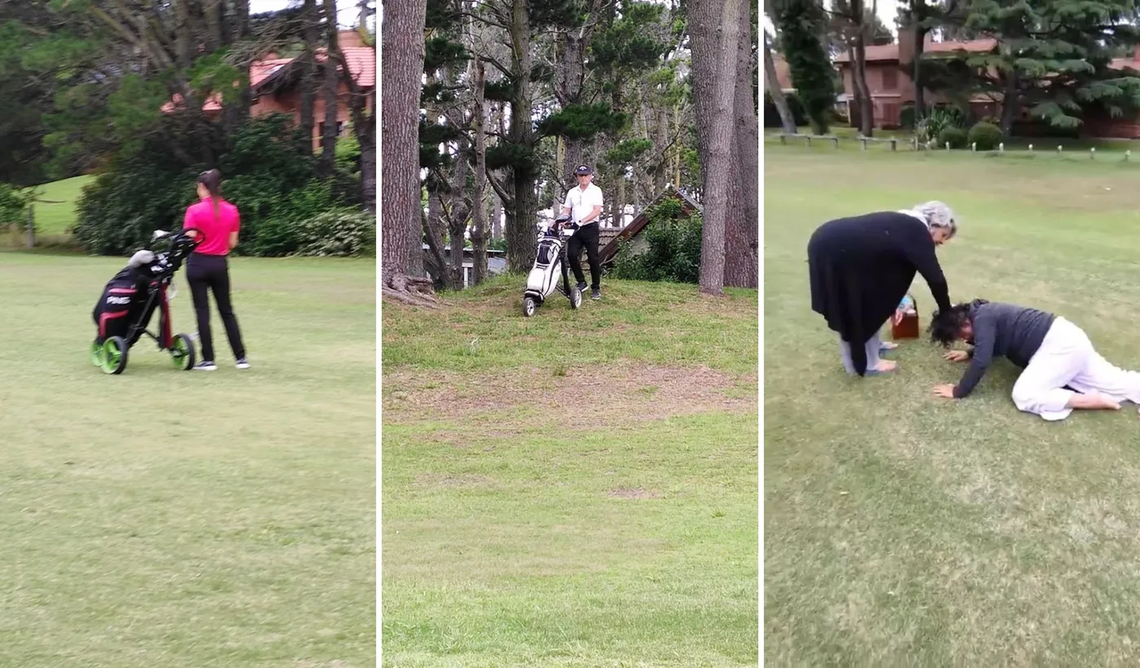 La víctima cayó al piso tras ser golpeada con el palo de golf. La agresora y su pareja se alejaron rápido del campo deportivo.